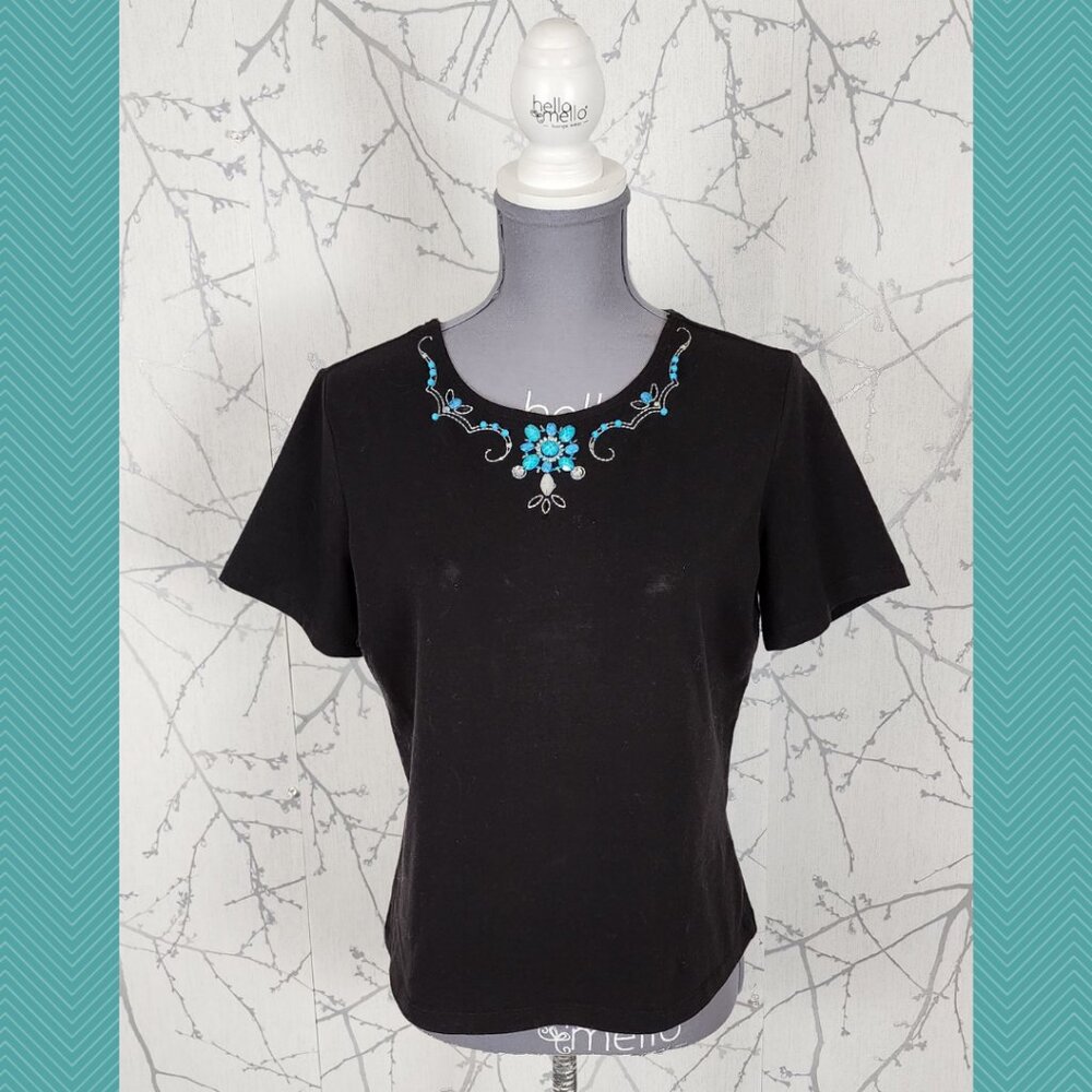 City Girl Nancy Bolen Black Cotton Turquoise Embellished Top